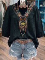 Elorivane Plus Size Women's Embroidered Blouse, Loose Fit Versatile 3/4 Sleeve Casual Top for Fall Vacation Wear - Image 9