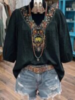 Elorivane Plus Size Women's Embroidered Blouse, Loose Fit Versatile 3/4 Sleeve Casual Top for Fall Vacation Wear - Image 10