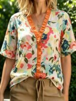 Elorivane Plus Size Women's Cream Floral Print Shirt, Casual Boho Bohemian Top for Spring Summer Vacation & Brunch Outfit - Image 2