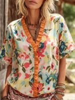 Elorivane Plus Size Women's Cream Floral Print Shirt, Casual Boho Bohemian Top for Spring Summer Vacation & Brunch Outfit