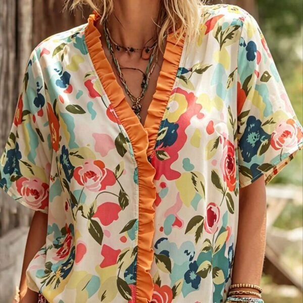 Elorivane Plus Size Women's Cream Floral Print Shirt, Casual Boho Bohemian Top for Spring Summer Vacation & Brunch Outfit