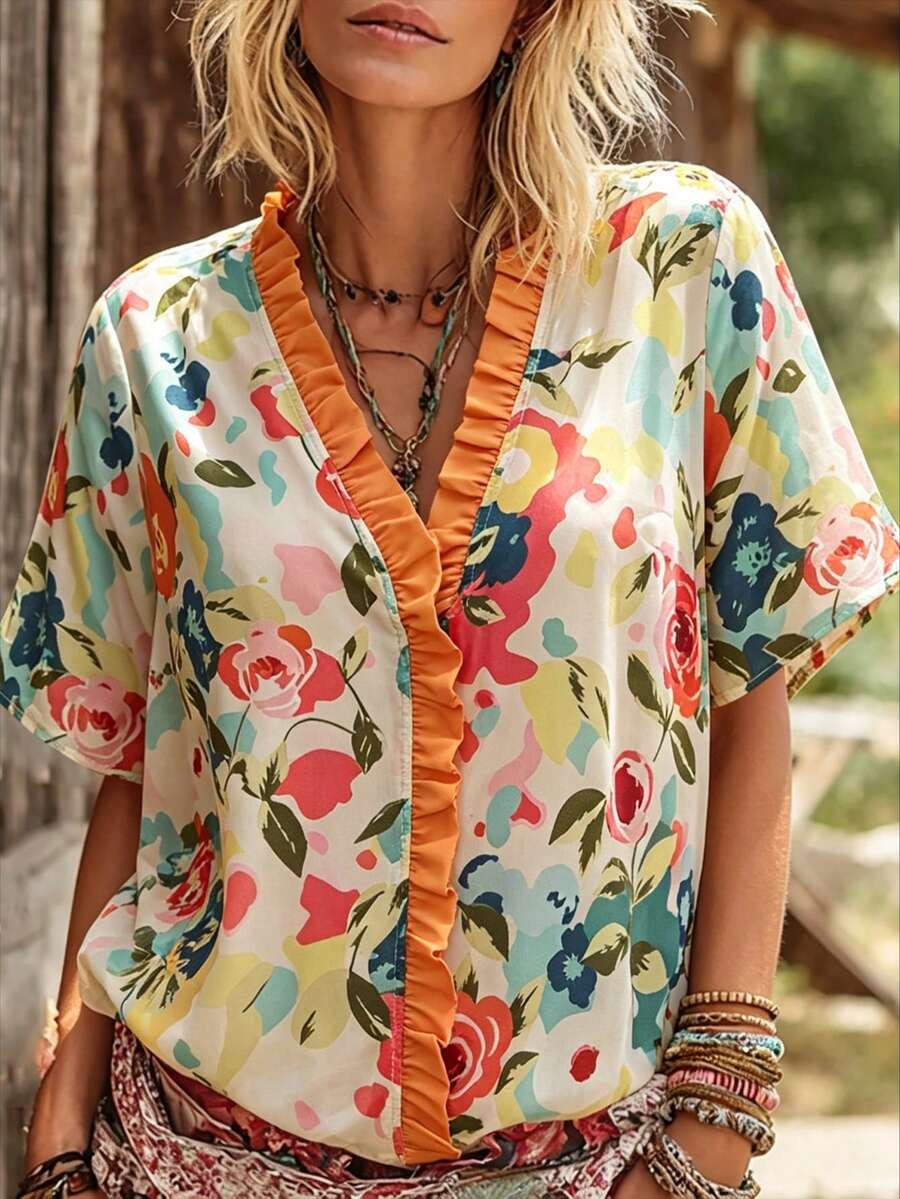 1784631013ffcf3f9877ccdf07252cae54f088269c_thumbnail_900x Elorivane Plus Size Women's Cream Floral Print Shirt, Casual Boho Bohemian Top for Spring Summer Vacation & Brunch Outfit - Image 1
