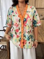 Elorivane Plus Size Women's Cream Floral Print Shirt, Casual Boho Bohemian Top for Spring Summer Vacation & Brunch Outfit - Image 3