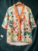 Elorivane Plus Size Women's Cream Floral Print Shirt, Casual Boho Bohemian Top for Spring Summer Vacation & Brunch Outfit - Image 4