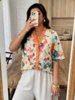 Elorivane Plus Size Women's Cream Floral Print Shirt, Casual Boho Bohemian Top for Spring Summer Vacation & Brunch Outfit - Image 5