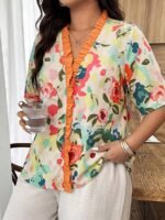Elorivane Plus Size Women's Cream Floral Print Shirt, Casual Boho Bohemian Top for Spring Summer Vacation & Brunch Outfit - Image 6