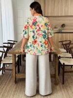 Elorivane Plus Size Women's Cream Floral Print Shirt, Casual Boho Bohemian Top for Spring Summer Vacation & Brunch Outfit - Image 7