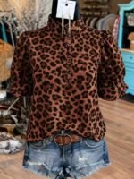 Elorivane Plus Size Women's Leopard Print Blouse, Ruffle Trim Short Sleeve Casual Top for Summer Holiday Wear - Image 14