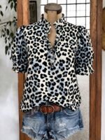 Elorivane Plus Size Women's Leopard Print Blouse, Ruffle Trim Short Sleeve Casual Top for Summer Holiday Wear - Image 17