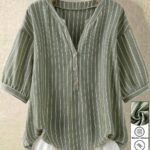 Elorivane Plus Size Women's Olive Green Woven Printed Notch V-Neck Mid-Sleeve Blouse, Loose H-Line Minimalist Comfort Top for Daily Commute, Business Formal & Home Wear