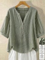 Elorivane Plus Size Women's Olive Green Woven Printed Notch V-Neck Mid-Sleeve Blouse, Loose H-Line Minimalist Comfort Top for Daily Commute, Business Formal & Home Wear