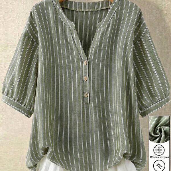 Elorivane Plus Size Women's Olive Green Woven Printed Notch V-Neck Mid-Sleeve Blouse, Loose H-Line Minimalist Comfort Top for Daily Commute, Business Formal & Home Wear