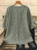 Elorivane Plus Size Women's Olive Green Woven Printed Notch V-Neck Mid-Sleeve Blouse, Loose H-Line Minimalist Comfort Top for Daily Commute, Business Formal & Home Wear - Image 2