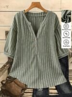 Elorivane Plus Size Women's Olive Green Woven Printed Notch V-Neck Mid-Sleeve Blouse, Loose H-Line Minimalist Comfort Top for Daily Commute, Business Formal & Home Wear - Image 3