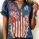 Elorivane Plus Size Women's Navy Blue American Flag Floral Print Notch Neck Puff Short Sleeve Loose Blouse, 1960s Street Style Summer Vacation Top