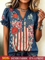 Elorivane Plus Size Women's Navy Blue American Flag Floral Print Notch Neck Puff Short Sleeve Loose Blouse, 1960s Street Style Summer Vacation Top