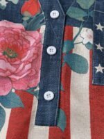 Elorivane Plus Size Women's Navy Blue American Flag Floral Print Notch Neck Puff Short Sleeve Loose Blouse, 1960s Street Style Summer Vacation Top - Image 3