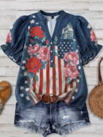 Elorivane Plus Size Women's Navy Blue American Flag Floral Print Notch Neck Puff Short Sleeve Loose Blouse, 1960s Street Style Summer Vacation Top - Image 7