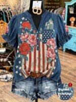 Elorivane Plus Size Women's Navy Blue American Flag Floral Print Notch Neck Puff Short Sleeve Loose Blouse, 1960s Street Style Summer Vacation Top - Image 8