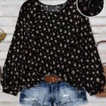 Elorivane Plus Size Women's Black Floral Print Blouse, Round Neck Raglan Lantern Sleeve Cute Daisy Western Boho Top for Spring Summer & Autumn Vacation Wear