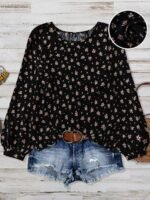 Elorivane Plus Size Women's Black Floral Print Blouse, Round Neck Raglan Lantern Sleeve Cute Daisy Western Boho Top for Spring Summer & Autumn Vacation Wear