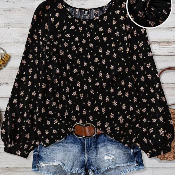 Elorivane Plus Size Women's Black Floral Print Blouse, Round Neck Raglan Lantern Sleeve Cute Daisy Western Boho Top for Spring Summer & Autumn Vacation Wear