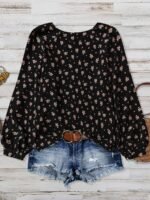 Elorivane Plus Size Women's Black Floral Print Blouse, Round Neck Raglan Lantern Sleeve Cute Daisy Western Boho Top for Spring Summer & Autumn Vacation Wear - Image 2