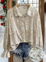 Elorivane Plus Size Women's Pink Random Print Long Sleeve Blouse, Vintage Elegant Versatile Turn Collar Top with Elastic Cuffs for Spring & Autumn Wear - Image 10