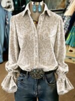 Elorivane Plus Size Women's Pink Random Print Long Sleeve Blouse, Vintage Elegant Versatile Turn Collar Top with Elastic Cuffs for Spring & Autumn Wear - Image 11