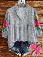 Elorivane Plus Size Women's Blue White Stripe Print Blouse, Floral Embroidery Puffed Sleeve V-Neck Stand Collar Loose Boho Top for Spring Summer