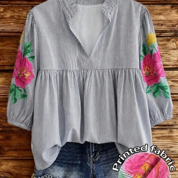 Elorivane Plus Size Women's Blue White Stripe Print Blouse, Floral Embroidery Puffed Sleeve V-Neck Stand Collar Loose Boho Top for Spring Summer