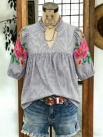 Elorivane Plus Size Women's Blue White Stripe Print Blouse, Floral Embroidery Puffed Sleeve V-Neck Stand Collar Loose Boho Top for Spring Summer - Image 3