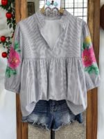 Elorivane Plus Size Women's Blue White Stripe Print Blouse, Floral Embroidery Puffed Sleeve V-Neck Stand Collar Loose Boho Top for Spring Summer - Image 4