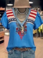 Elorivane Plus Size Women's Grey Star Stripe Flag Embroidered Blouse, 1960s American Western Vintage Floral V-Neck Ruffle Sleeve Loose Patriotic Summer Casual Top - Image 11