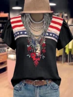 Elorivane Plus Size Women's Grey Star Stripe Flag Embroidered Blouse, 1960s American Western Vintage Floral V-Neck Ruffle Sleeve Loose Patriotic Summer Casual Top - Image 12