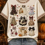 Elorivane Plus Size Women's Halloween Fun Print T-Shirt, Sweet Cool Style with Ghost, Maple Leaf & Pumpkin Pattern, Casual Daily Top