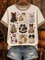 Elorivane Plus Size Women's Halloween Fun Print T-Shirt, Sweet Cool Style with Ghost, Maple Leaf & Pumpkin Pattern, Casual Daily Top
