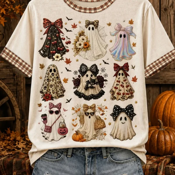 Elorivane Plus Size Women's Halloween Fun Print T-Shirt, Sweet Cool Style with Ghost, Maple Leaf & Pumpkin Pattern, Casual Daily Top