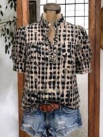 Elorivane Plus Size Women's Leopard Print Blouse, Ruffle Trim Short Sleeve Casual Top for Summer Holiday Wear - Image 21