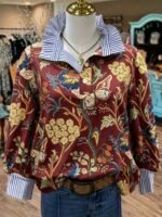 Elorivane Plus Size Women's Navy Blue Contrast Printed Stand Collar Half-Button Pullover Shirt, Relaxed Fit Casual Elegant Blouse for Fall Brunch & Birthday Occasions - Image 11