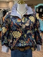 Elorivane Plus Size Women's Navy Blue Contrast Printed Stand Collar Half-Button Pullover Shirt, Relaxed Fit Casual Elegant Blouse for Fall Brunch & Birthday Occasions - Image 16