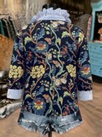 Elorivane Plus Size Women's Navy Blue Contrast Printed Stand Collar Half-Button Pullover Shirt, Relaxed Fit Casual Elegant Blouse for Fall Brunch & Birthday Occasions - Image 17