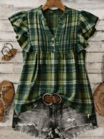 Elorivane Plus Size Women's Retro Red Plaid Flutter Sleeve Blouse Summer - Image 5