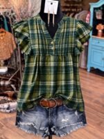 Elorivane Plus Size Women's Retro Red Plaid Flutter Sleeve Blouse Summer - Image 7