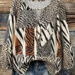 Elorivane Plus Size Women's Leopard & Zebra Print Patchwork Colorblock Vacation Top