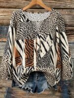 Elorivane Plus Size Women's Leopard & Zebra Print Patchwork Colorblock Vacation Top