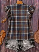 Elorivane Plus Size Women's Retro Red Plaid Flutter Sleeve Blouse Summer - Image 12