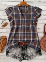 Elorivane Plus Size Women's Retro Red Plaid Flutter Sleeve Blouse Summer - Image 9