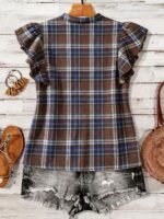 Elorivane Plus Size Women's Retro Red Plaid Flutter Sleeve Blouse Summer - Image 10