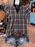 Elorivane Plus Size Women's Retro Red Plaid Flutter Sleeve Blouse Summer - Image 11